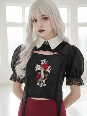 Black Lace Crop Top with White Peter Pan Collar and Rose Embroidery